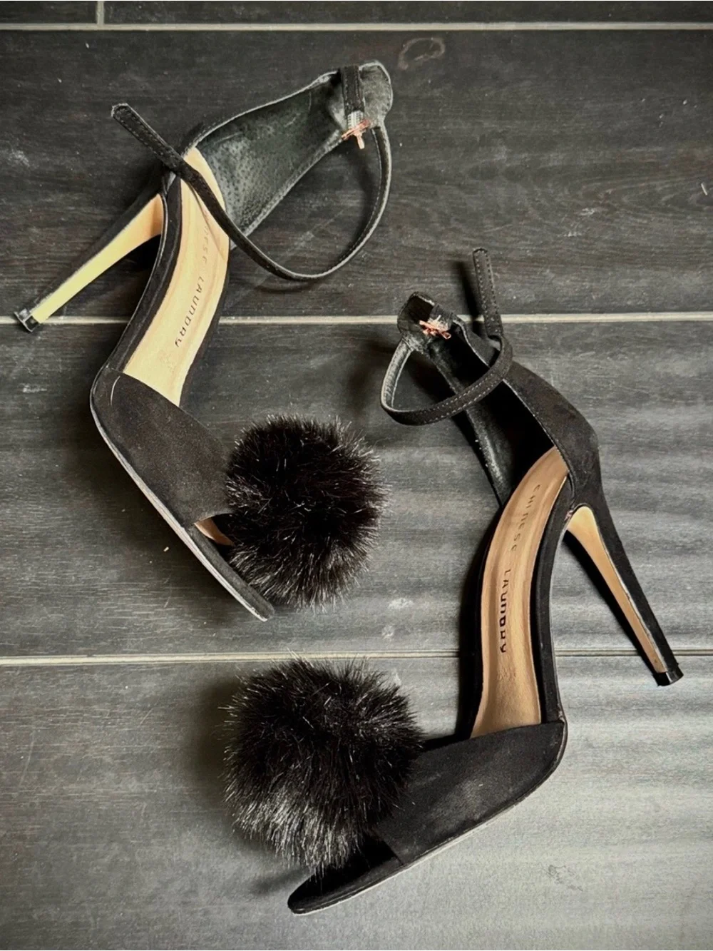 Chinese Laundry Black Ankle-Strap Heels with Pom-Pom